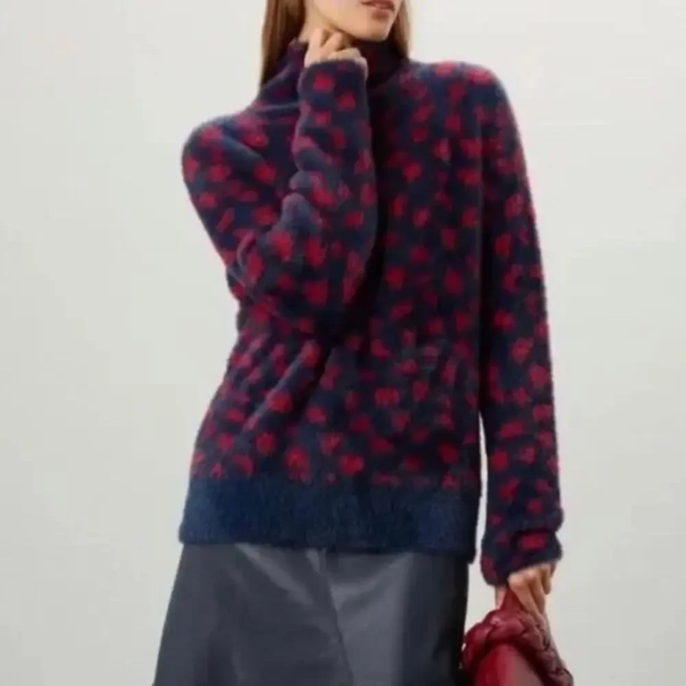 RTR Thakoon Navy Red Printed Fuzzy Mock Neck Pullover Sweater Sz Small soft